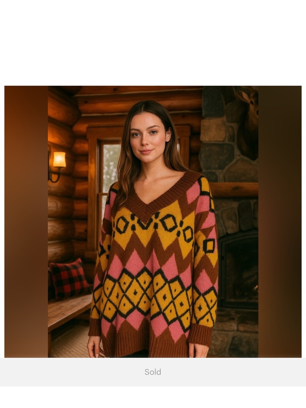 Cozy Geometric V-Neck Sweater - Pink, Mustard & Brown Easel Brand